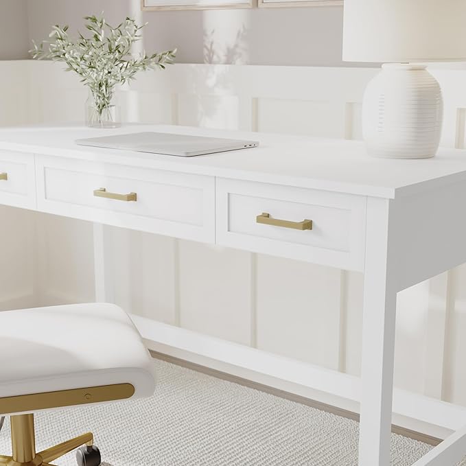 Martha Stewart Hutton Shaker Style Home Office Desk with 3 Drawers in White with Polished Brass Hardware