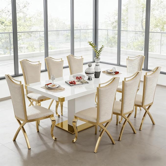Luxrious Dining Chairs Set of 2 PU Leather Accent Chairs with Shiny Golden Stainless Steel Legs &amp Cushion SeatModern Kitchen Chairs White with High Back for Living Room Meeting Room Dining Room