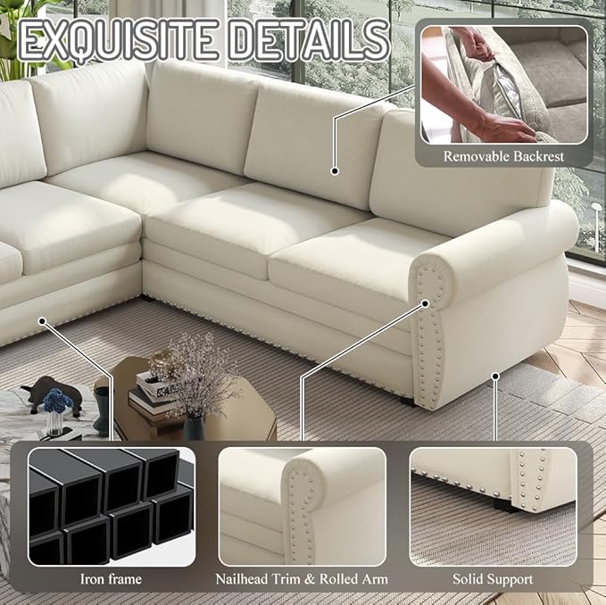 118 L Shaped Sectional Sleeper Sofa Couch with Pull Out Bed Oversized Chenille Convertible Sectional Couches with Nailhead Trim &amp Rolled Arm for Living Room Removable Sofa CoverBeige