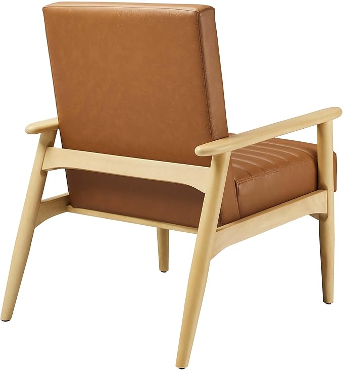 Modway Jensen Vegan Leather Accent Chair in Natural Tan - Mid-Century Modern Armchair with Solid Wood Legs &amp Armrest - Upholstered Faux Leather Single Side Chair - Reading Chair for Living Room