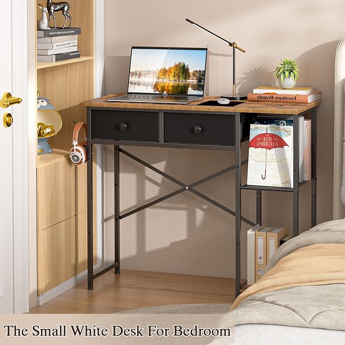 Small Computer Desk 36 Inch Writing Desk with Drawers &amp Storage Shelves Home Office Writing Desk for Small Spaces Bedroom Living Room Dorm Rustic Brown