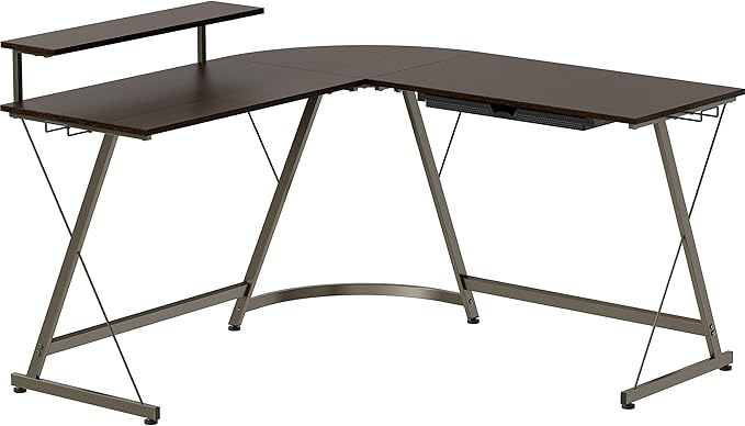 SHW 51 x 51 Inches Vista L-Shaped Desk with Monitor Stand and Drawer Espresso