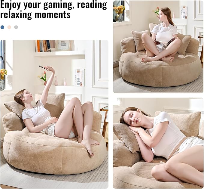 50 Bean Bag Chair with 3 Pillows Oversized Round Chaise Longue Chair Indoor No Assembly Couch Ultra Soft Faux Fur Floor Sofa Chair for Living Room Bedroom Apartment Office Khaki