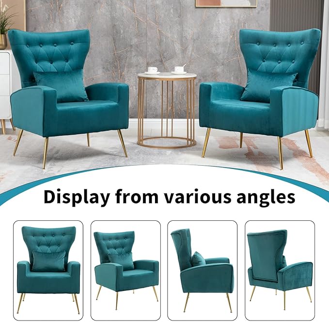 X-VOLSPORT Button-Tufted Velvet Accent Chairs Set of 2 Mid Century Modern Living Room Chair with High Wingback Upholstered Arm Chair with Metal Gold Legs for Bedroom Club Teal Blue