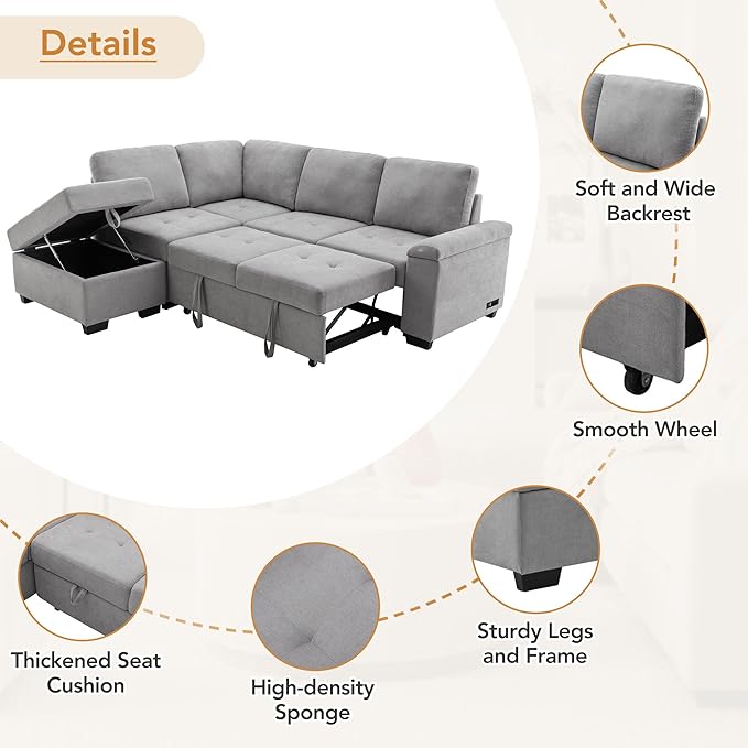 Flieks L-Shape Sleeper Sectional Sofa Bed with Storage Ottoman &amp Hidden Arm Storage 85Inch Sectional Corner Couch Sofa-Bed for Living Room Apartment