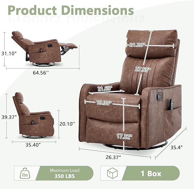 cinkehome Swivel Rocker Recliner Glider Rocker Recliner Chair for Nursery Manual Reclining Chair with Heated Massage Small Spaces Living Room Faux Leather Light Brown