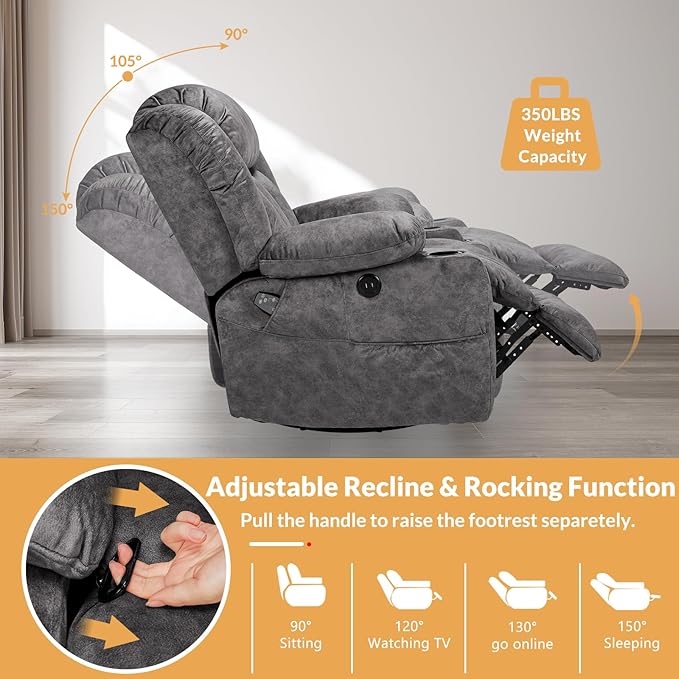 360° Swivel Glider Rocking Recliner Chair Overstuffed Manual Massage Recliner with Heat and Vibration Single Modern Sofa Home Seating for Living Room USB Ports/Cup Holders (Plush-Grey)