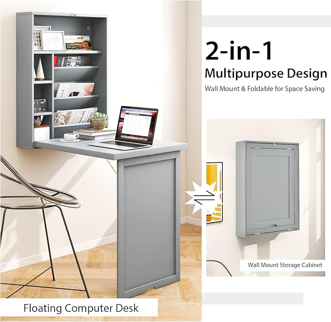 Wall Mounted Desk Wood Collapsible Floating Desk Convertible Computer Desk with Storage Area Hanging Fold Out Table for Home Office Small Spaces (Grey)