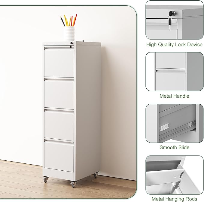 4 Drawer Small Metal Vertical File Cabinet with LockUnder Desk Storage Organizer LockingFiling Cabinets for Home Office17.71 D*15.16 W*52.28 HWhite-4Drawer-Wheels