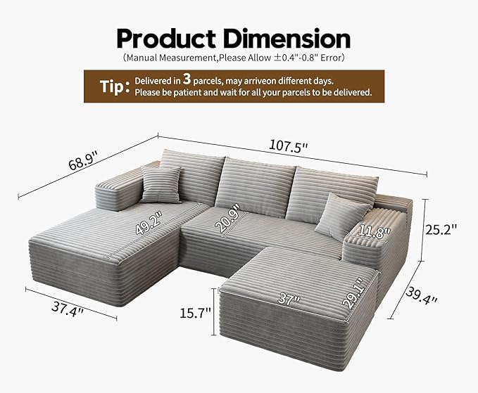 107.5 Cloud Modular Sectional Couch with 1 OttomanModern Minimalist Upholstered Couches Comfort U Shaped Sofa for Living RoomDeep Seat Corner CouchNo Assembly Required (GreyLeft Facing Chaise)