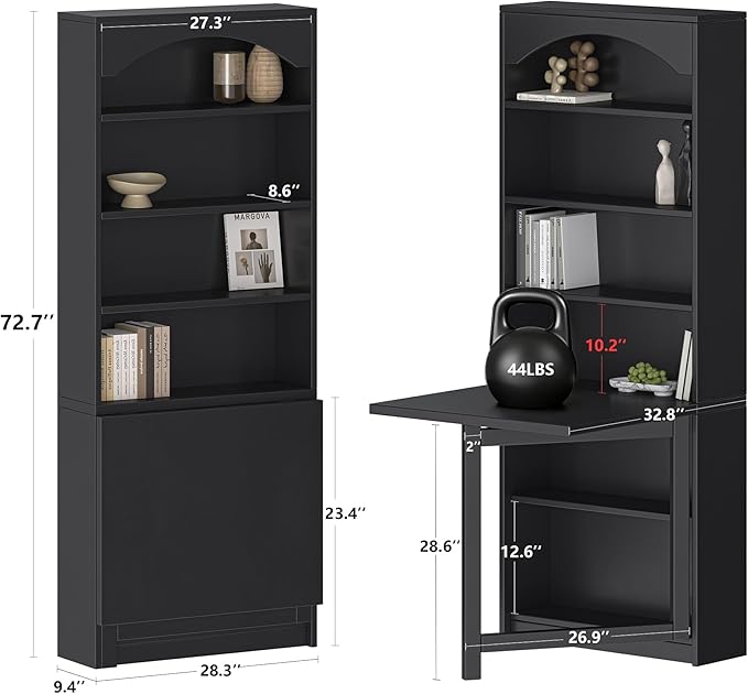 Folding Desk with Storage Space-Saving Foldable Convertible Writing Table Wall Mount Fold Out Computer Desk for Home Office Craft Room Living Room Bedroom Black