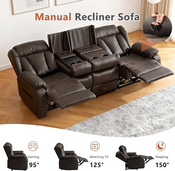 AHMED 3-Seat Manual Reclining Sofa Faux Leather Recliner Couch with Flip-Down Console Home Theater Seating with Cup Holders USB Ports &amp AC Outlet Storage Drawer for Living Room/RV Dark Brown