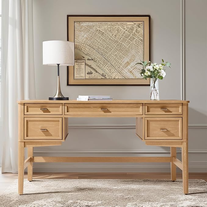 HULALA HOME 56 Home Office Desk with 5 Drawers and Hidden Compartment Drawer Mid-Century Modern Computer Desk with Solid Wood Legs Executive Desk for Work Study Writing Oak