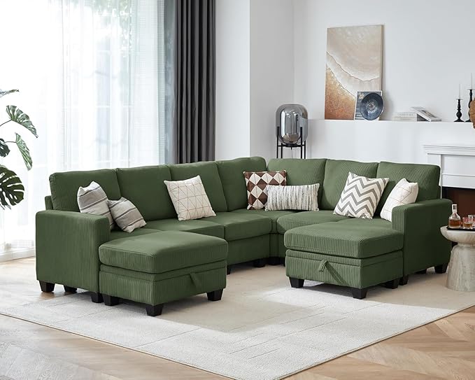CHIC HOUSE Modular Sectional Couch| Corduroy L Shaped Sleeper Sofa U-Shape Sofa Bed Convertible Chaise with Storage Ottoman for Living Room Modern Furniture (8 Seater L-Shaped Green)