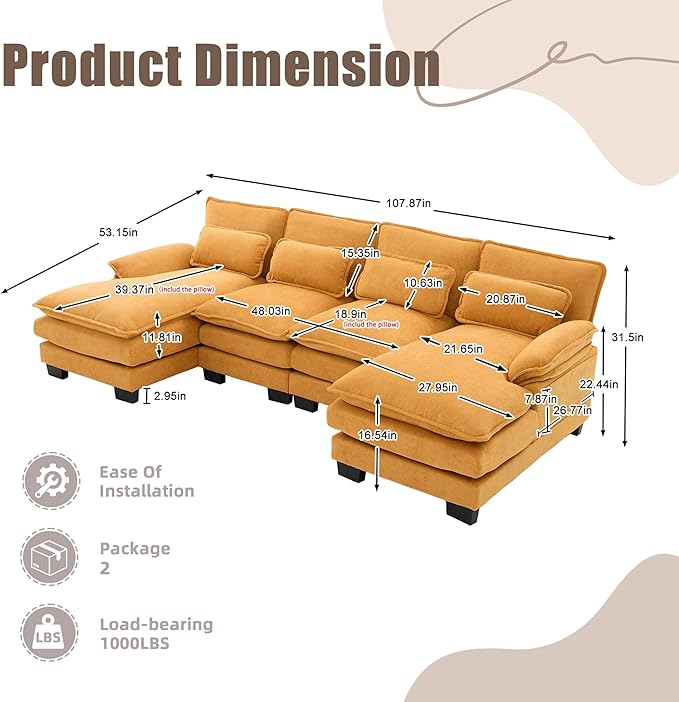 KEIKI 108 U-Shaped Chenille Modular Sectional Chenille Sofa with 2 Movable Ottoman &amp Pillows &amp 2 Side Pocket Oversized 4-Seater Couch with Memory Foam Cushion Easy Assembly for Living Room