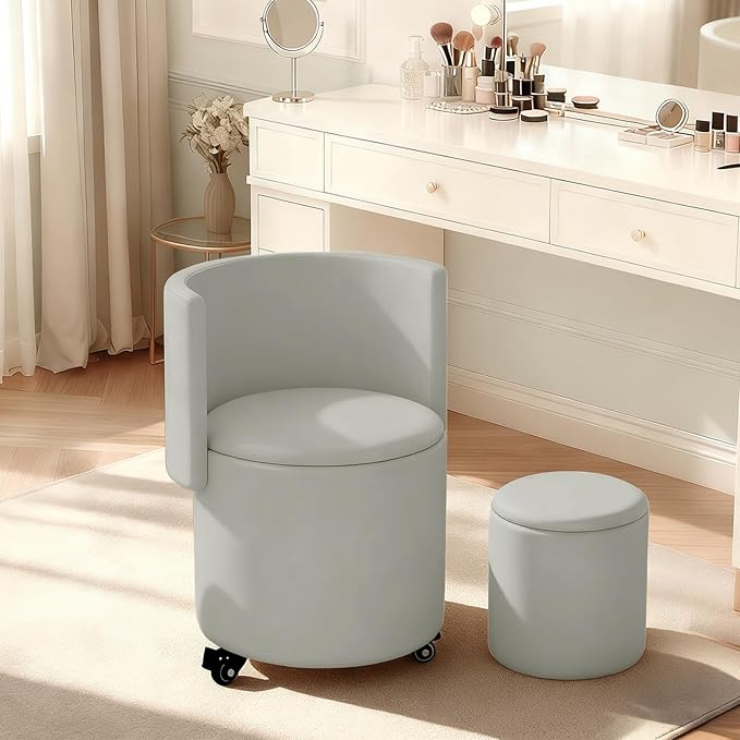 Rolling Round Vanity Chair with Storage Swivel Makeup Chair with Folding Back PU Leather Small Upholstered Ottoman for Bedroom Living Room