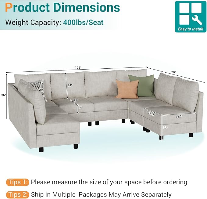 Fiona's magic Modular Sectional Sofa Set 8 Seats Sleeper Sofa Couch with Storage Sectional Sofa Couch with USB Charging Port Modern Comfy Chenille Couch for Living Room Beige