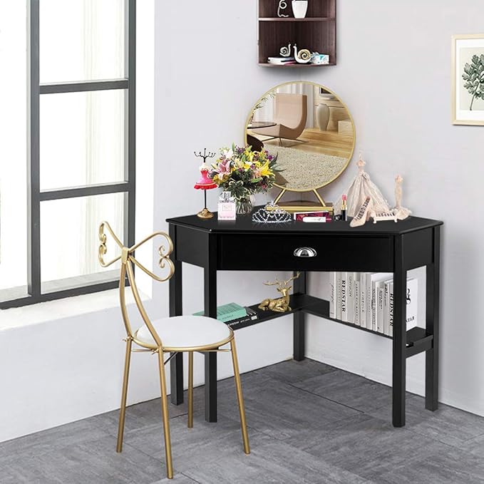 Tangkula Corner Desk Corner Computer Desk with Drawer for Small Space Small Corner Makeup Vanity Desk 90 Degrees Triangle Corner Desk with Storage Shelves
