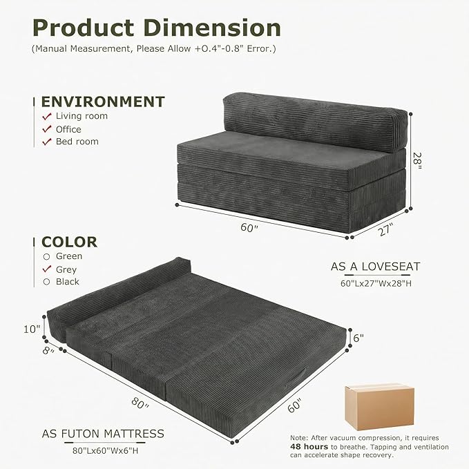 5-in-1 Convertible Sofa Bed Boneless Loveseat Sleeper Tri-fold Futon Sofa Bed with Removable Cushions &amp Washable Cover Pull Out Couch with Handle for Small Spaces Queen Size Grey