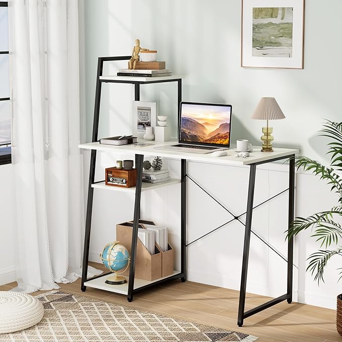 Tangkula Computer Desk with Shelves Space Saving Home Office Desk with 3-Tier Ladder Shaped Storage Bookshelf Modern Writing Study Desk with Metal Frame Compact Computer Workstation (White)