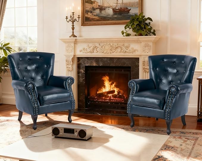 Modern Accent Chair Mid-Century Faux Leather Armchair with Solid Wood Legs Single Sofa Club Chair for Living Room Bedroom Leisure Room Reading Room(Navy)