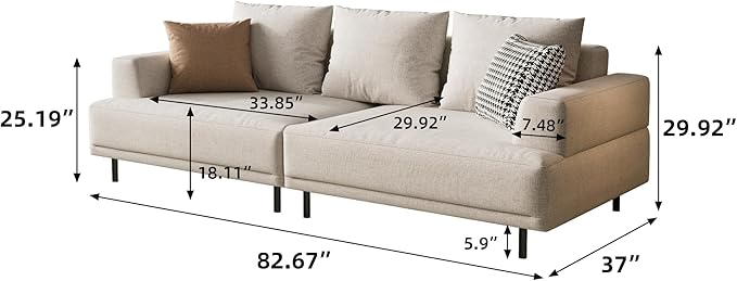 Cream Fabric Sectional Sofa – Contemporary Upholstered Couch with Metal Legs for Living Room (82.67inch-3Seats)