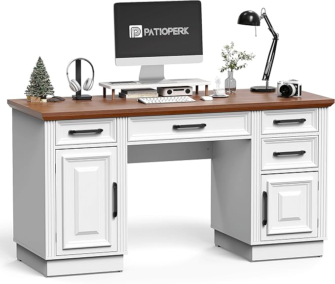 58 Farmhouse Executive Desk Wood Home Office Desk with Drawers Computer Desk with Drawers and Storage Cabinet Workstation for Office Home Ivory White