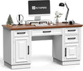 58 Farmhouse Executive Desk Wood Home Office Desk with Drawers Computer Desk with Drawers and Storage Cabinet Workstation for Office Home Ivory White