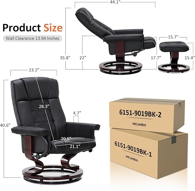 MCombo Manual Swivel Recliner with Ottoman Chair Ottoman Set for RV Small Spaces Living Room Bedroom Office 9019 4919 (Faux Leather Black)