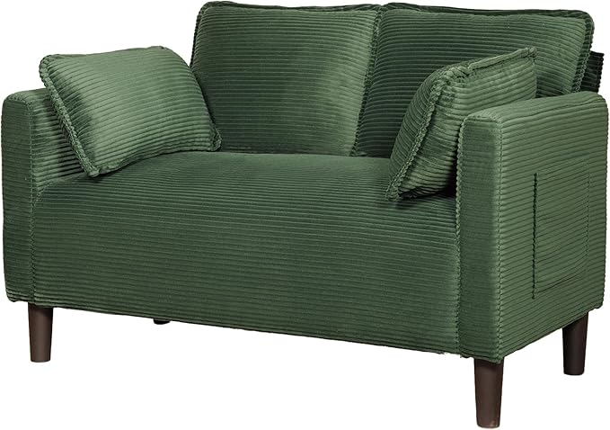 48 Corduroy Loveseat Sofa Small Couches for Living Room Green Couch for Bedroom Apartment Dorm 2 Seater Mini Sofa with Side Pocket High Rebound Sponge Cushion Easy Assembly (Green)
