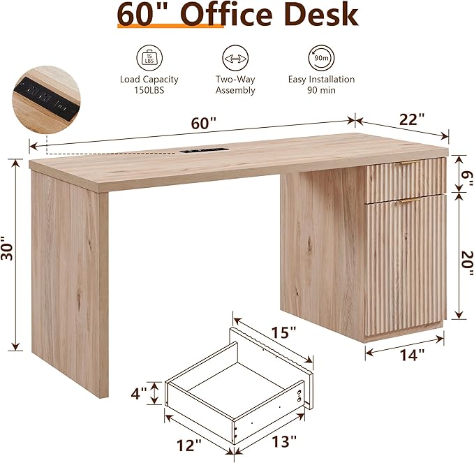 JXQTLINGMU 60 Modern Executive Desk with Storage Wood Home Office Desk with Drawer &amp Cabinet Fluted Computer Writing Desk for Study Living Room Bedroom Oak