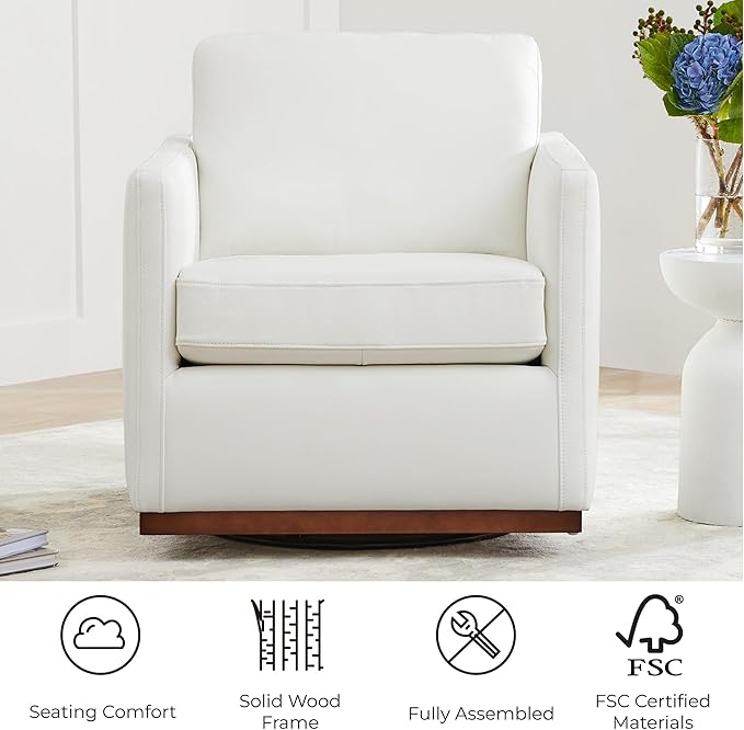 CHITA Genuine Leather Swivel Accent Chair FSC Certified Mid Century Modern Arm Chair for Living Room and Bedroom Fully Assembled White