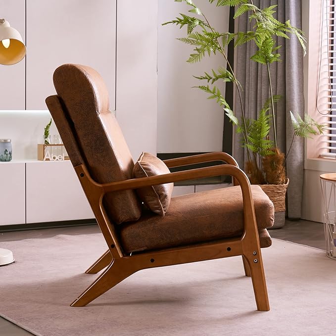 JOYBASE Lounge Accent Chair Mid Century Modern Chair High Back Chair Wood Frame Armchair Comfy Reading Chair for Living Room Office Bedroom (Coffee Brown Bronzing Cloth)