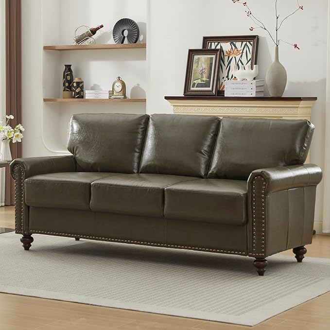 80 Faux Leather Sofa with Storage Mid-Century Modern Rolled Arm Couches for Living Room Furniture Easy Tool-Free Assembly Nailhead Trim(Dark Green)