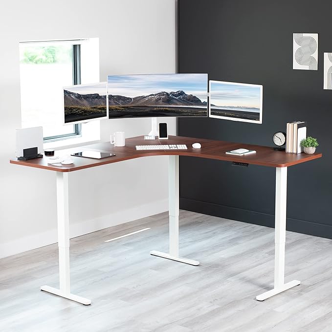 VIVO Electric Height Adjustable 71 x 71 inch Curved Corner Stand Up Desk Dark Walnut Table Top White Frame Memory Controller L-Shaped Workstation E3C Series DESK-KIT-E3CWD