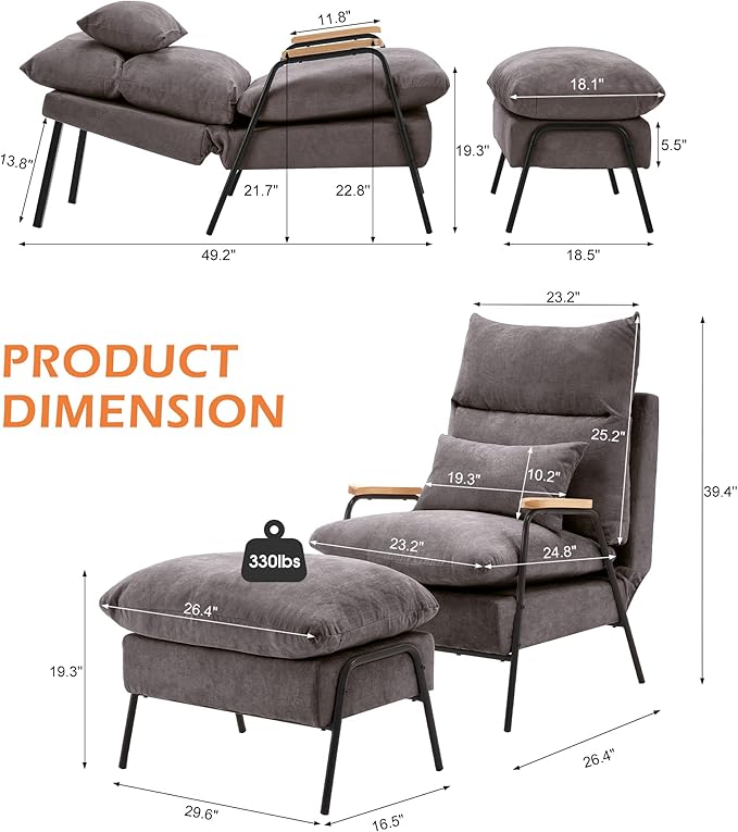 MCombo Accent Recliner Chair with Ottoman Modern Fabric Armchair Upholstered Sofa Bed for Living Room Bedroom Small Space 4055 (Black Frame Grey)