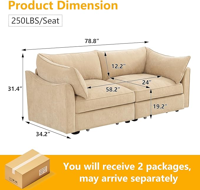 Aoowow Modular Sectional Sofa with Pullout Storage Seat 78.7” Chenille Loveseat Sofa Comfy 2-Seat Sofa Couch Upholstered Deep Seat Couches with Armrests for Living Room Apartment OfficeWheat