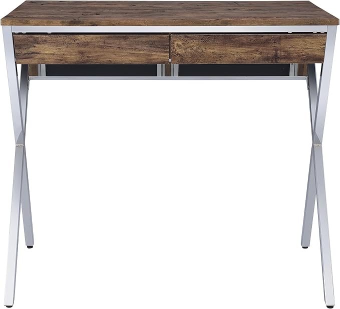 Rustic Farmhouse Writing Desk with Storage Oak Wood Top and Chrome Legs for Home Office