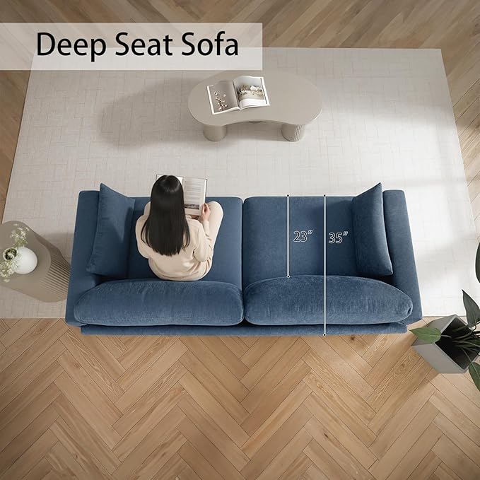 Modern Loveseat Sofa for Living Room Removable Cover Spring Cushions Solid Wood Frame Wide Armrest Chenille Fabric Recliner Couches for Small Space (Blue Chenille 81 inch)