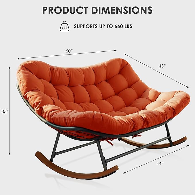 Double Papasan Rocking Chair Outdoor &amp Indoor Oversized Rocking Reclining Loveseat with Thick Cushion and Frame 660LBS Capacity Rocking Egg Chair for Porch Garden Living Room (Red)