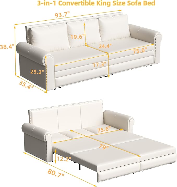 healthomse 93.7 King Size Pull Out Sofa Bed 3-in-1 Faux Leather Convertible Sleeper Sofa with Ultra Rolled Armrests Tufted Modern Sofa with 3 Pillows for Bedroom Living Room Apartment