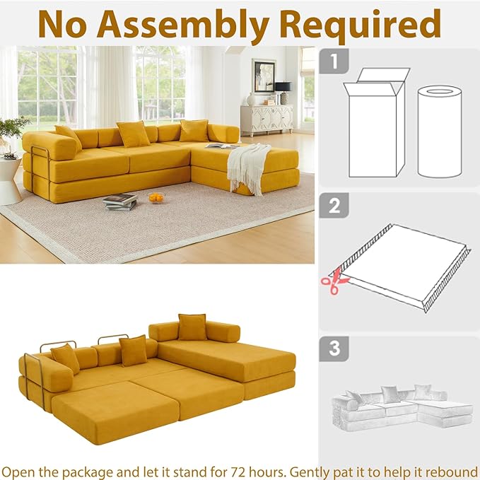 108 Modular Sectional SofaFuton Convertible Sofa BedOversized Corduroy Boneless Couch for Living RoomFloor Loveseat Sleeper with Pull Out BedFree CombinationNo Assembly Required (Yellow)