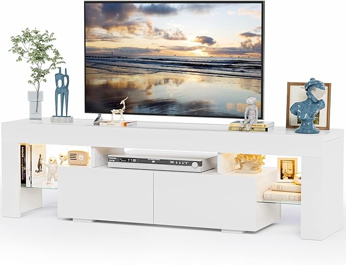 JUMMICO TV Stand with LED Lights Modern Entertainment Center Media and Open Shelf Console Table Storage Desk with 1 Drawer and Remote Control 20 Color LED Lights up to 70 Inch TV (White)