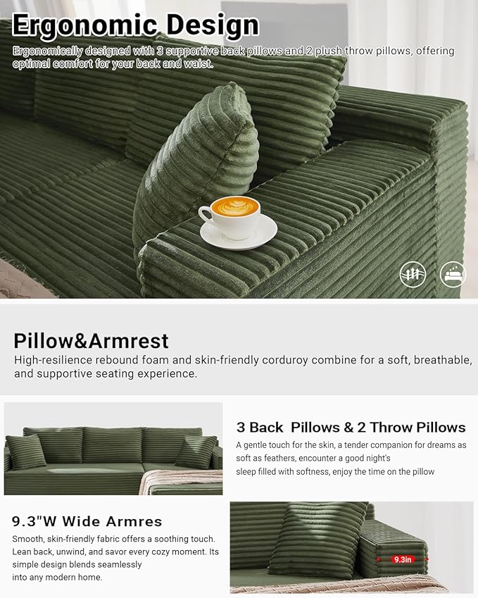 105 Inch Cloud Sectional CouchModern Modular Sectional Sofa with Deep SeatCorduroy Boneless Couches with L-Shape Chaise for Living Room BedroomNo Assembly Required (Green Right Facing Chaise)