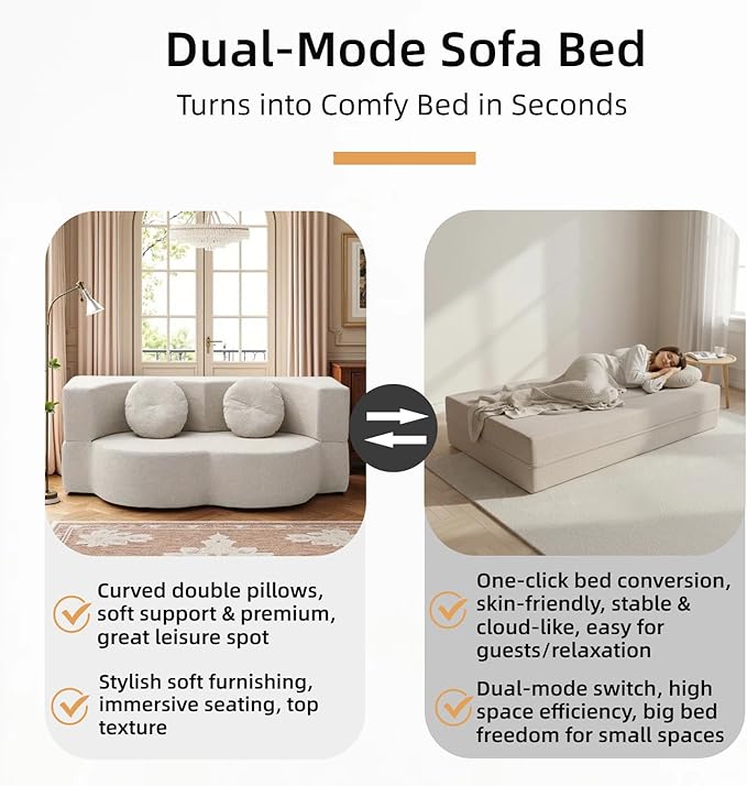 76 Convertible Folding Sofa Bed 2-in-1 Twin Size Loveseat Sleeper Couch Bed with Two Pillows Foldable Space-Saving | Design for Dorms Apartments Bedroom&amp Living RoomNo Assemble(Khaki)
