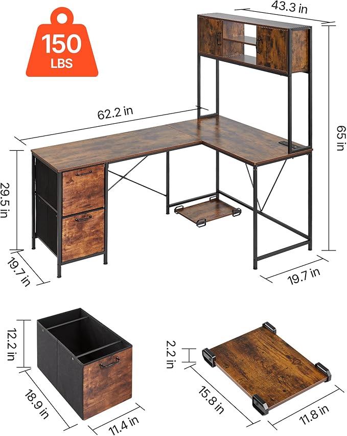 VEVOR L-Shaped Gaming Desk with LED Lights 62.2-inch Reversible Corner Computer Desk with Power Outlets Movable CPU Stand &amp Storage Drawers Modern Stylish PC Gaming Table for Home Office