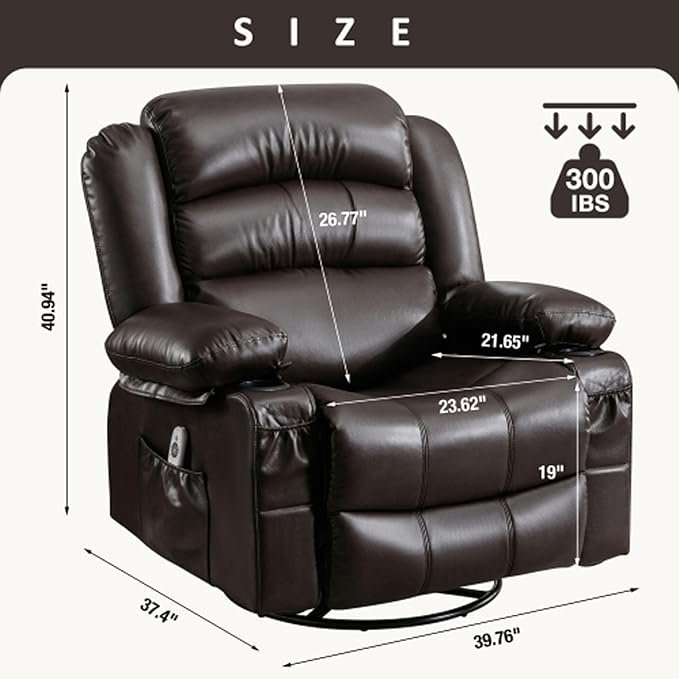 Electric Recliner Chairs for Adults Massage Recliner Chair with Heat 360 Swivel Recliners Chair for Living Room with 2 Cup Holders &amp USB Charge Port Rocking Function and Side Pocket (Brown)