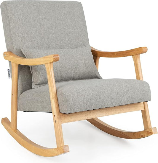 Giantex Upholstered Rocking Chair - Modern Rocker with Rubber Wood Frame Comfy Backrest &amp Seat PP Padded Pillow Single Rocking Chair for Living Room Nursery Bedroom Lounge Office Grey