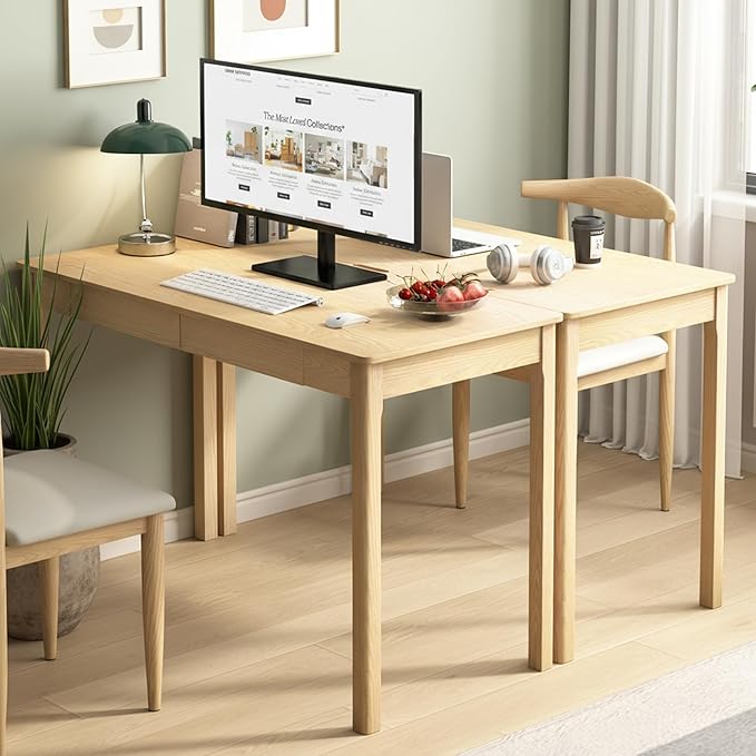 100% Solid Wood Desk with 2 Drawers 47 Inch Mid Century Modern Desk Vintage Writing Ash Wooden Desks Computer Table for Home Office Bedroom Living Room