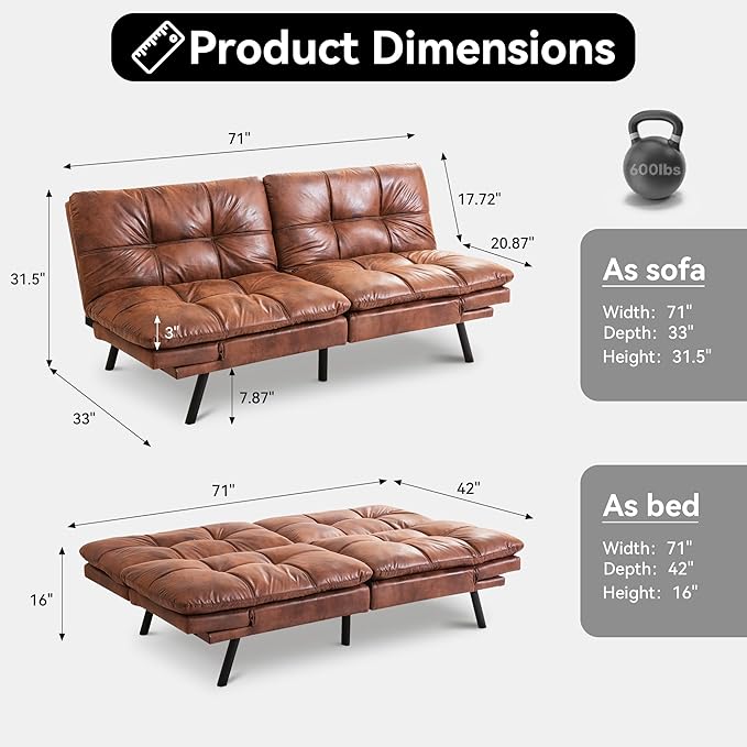 Vyfipt 71 Convertible Futon Sofa Bed3-in-1 Faux Leather Fabric Futon Couch with Memory Foam Modern Foldable Sleeper Loveseat for Small Spaces Living RoomOffice &amp ApartmentBrown